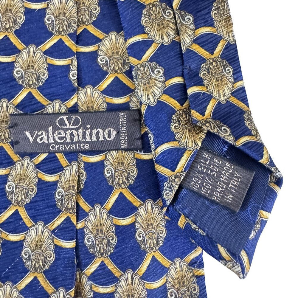 Vintage Valentino Men's Cravatte Blue Gold Chain/Geometric Print 100% Silk 60" - Picture 5 of 6